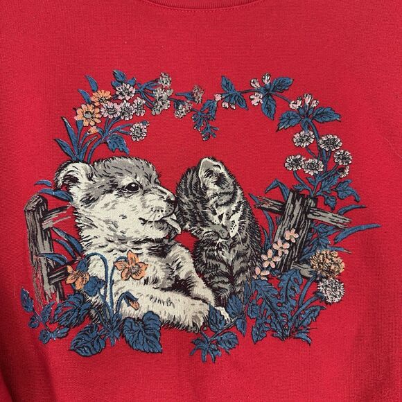 Vtg 90s Puppy Kitten Crewneck Sweatshirt Womens Small Red Dog Cat Granny Novelty - Picture 2 of 11